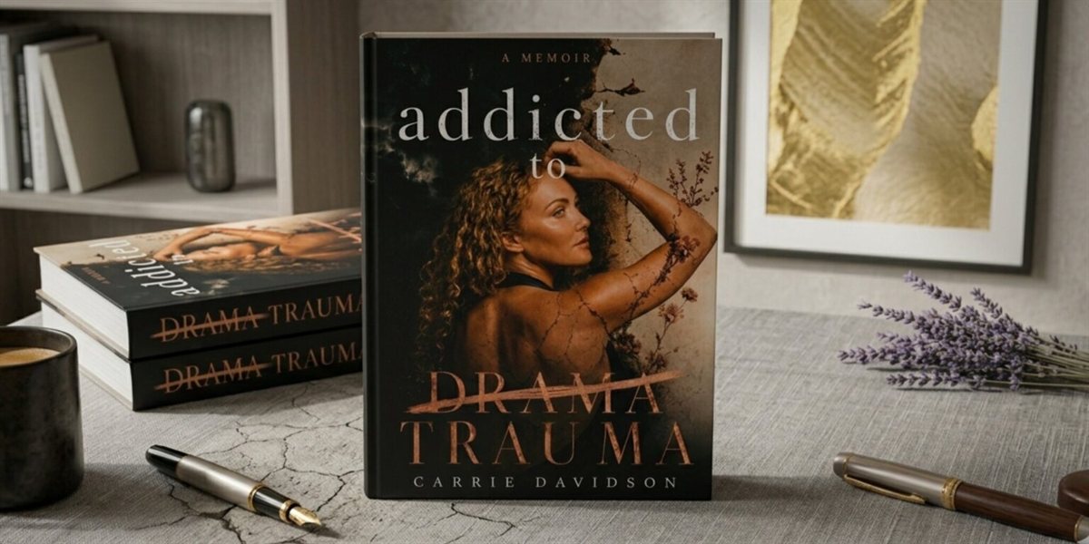 Addicted to Trauma memoir styled on a desk with lavender, from the Women's Insider feature