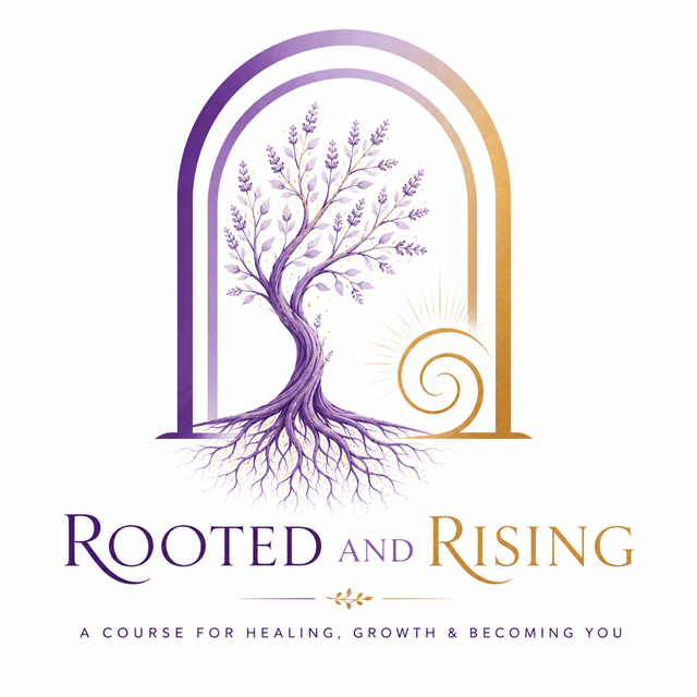 The Rooted and Rising logo: a tree rooted beneath a purple and gold arch, rising beside a gold spiral sun. A course for healing, growth and becoming you.